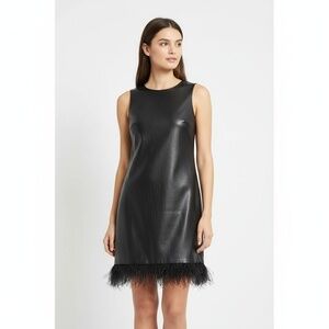 Forcynthia Mini Dress Womens Size S Black Faux Leather Feather Trim Trendy Party